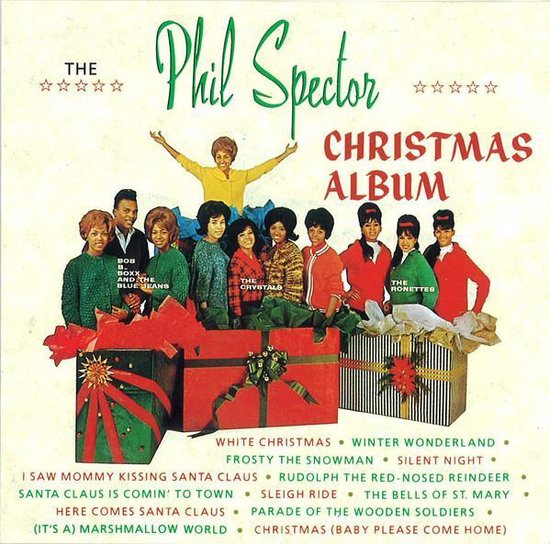 Albumhoes 'The Phil Spector Christmas Album' met Phil Spector en artiesten, waaronder The Ronettes, in feestelijke kerstkleding, omringd door cadeaus.