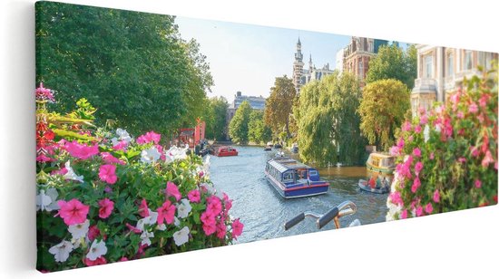Artaza Canvas Schilderij Amsterdamse Kanaal Met Bloemen - 90x30 - Foto Op Canvas - Canvas Print