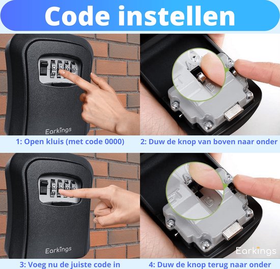 Instructies voor het instellen van de code van de Earkings sleutelkluis met 4 cijfers.