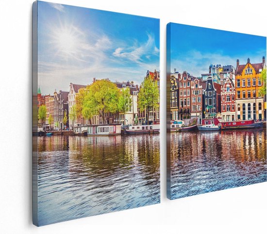 Artaza Canvas Schilderij Tweeluik Amsterdamse Huisjes Aan Het Water - 120x80 - Foto Op Canvas - Canvas Print