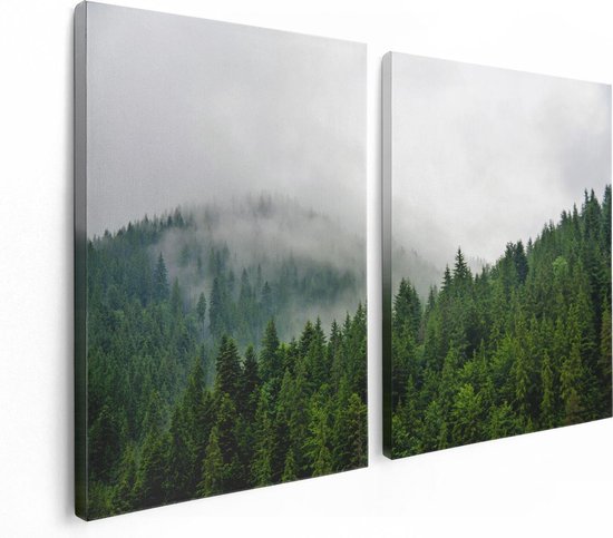 Artaza - Diptyque Peinture Sur Toile - Forêt Verte Avec Des Arbres Pendant Le Brouillard - 120x80 - Photo Sur Toile - Impression Sur Toile