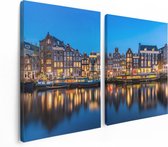 Artaza Canvas Schilderij Tweeluik Amsterdamse Huisjes In De Avond Met Lichten - 120x80 - Foto Op Canvas - Canvas Print