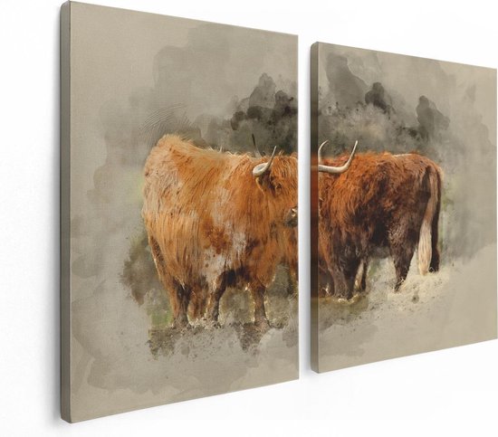 Artaza Canvas Schilderij Tweeluik Twee Schotse Hooglander Koeien - Abstract - 120x80 - Foto Op Canvas - Canvas Print