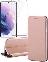 Hoesje geschikt voor Samsung Galaxy S21 FE - Book Case Lederen Wallet Cover Minimalistisch Pasjeshouder Hoes Roségoud - Tempered Glass Screenprotector