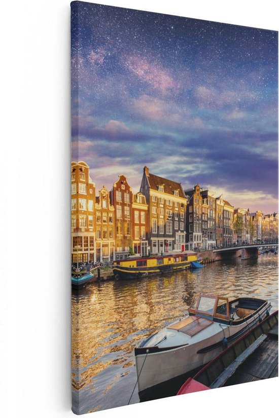Artaza Canvas Schilderij Amsterdamse Gracht In De Nacht Met Sterren - 20x30 - Klein - Foto Op Canvas - Canvas Print