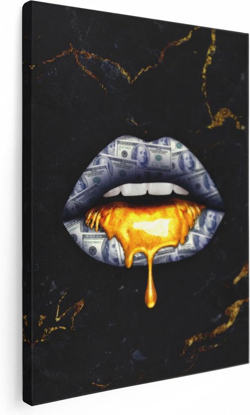 Artaza Canvas Schilderij Dollar Lippen Met Goud - 30x40 - Klein - Foto Op Canvas - Canvas Print