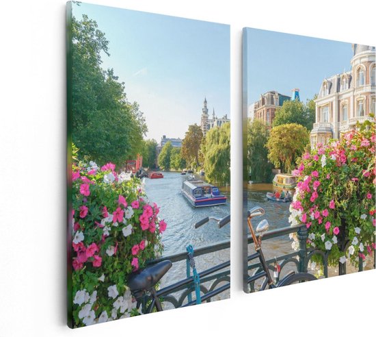 Artaza Canvas Schilderij Tweeluik Amsterdamse Kanaal Met Bloemen - 80x60 - Foto Op Canvas - Canvas Print