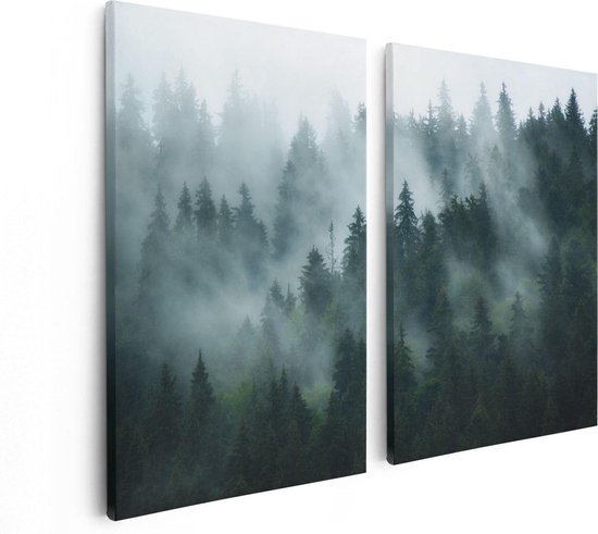 Artaza Canvas Schilderij Tweeluik Bos Met Bomen In De Mist - 80x60 - Foto Op Canvas - Canvas Print