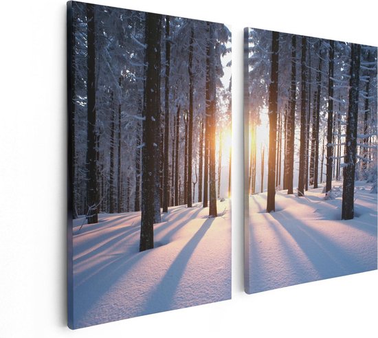 Artaza Canvas Schilderij Tweeluik Bos Met Sneeuw Tijdens De Zonsondergang - 80x60 - Foto Op Canvas - Canvas Print