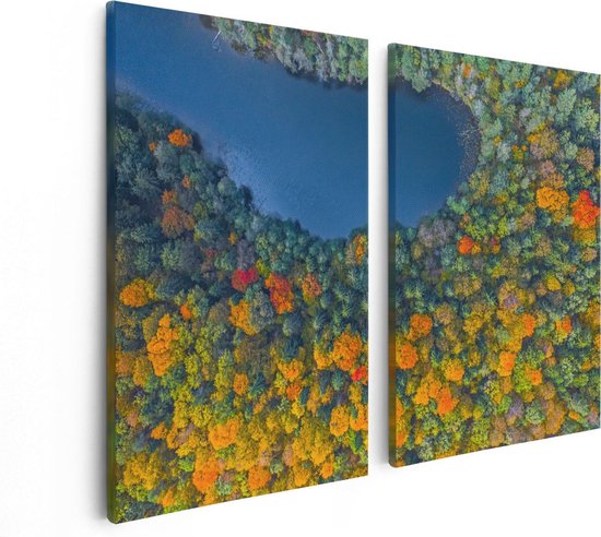 Artaza Canvas Schilderij Tweeluik Kleurrijke Bos Met Bomen Naast Een Meer - 80x60 - Foto Op Canvas - Canvas Print