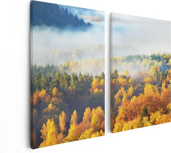 Artaza Canvas Schilderij Tweeluik Gekleurde Herfstbos Met Mist - 80x60 - Foto Op Canvas - Canvas Print