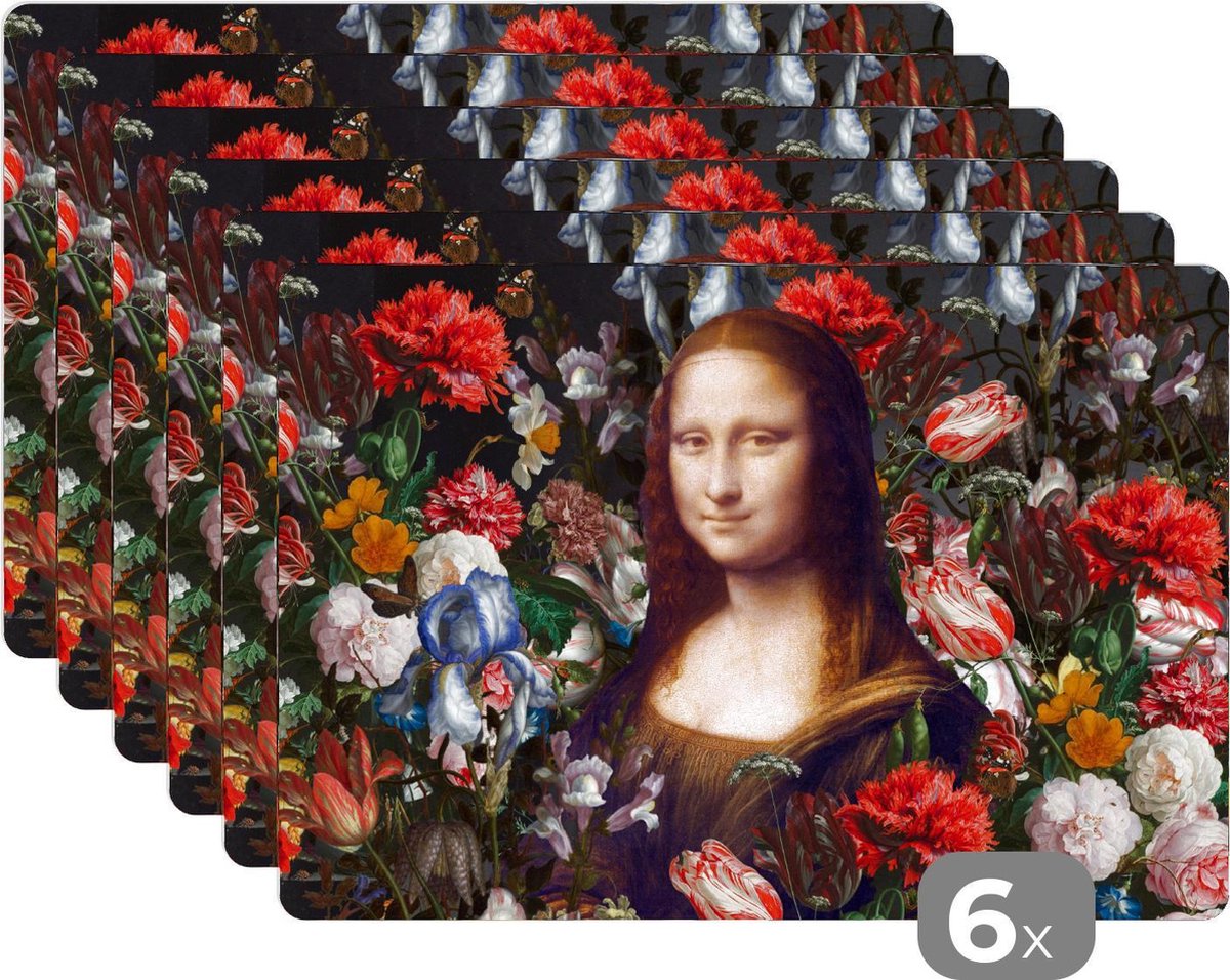 Placemat - Placemats kunststof - Mona Lisa - Leonardo da Vinci - Bloemen - 45x30 cm - 6 stuks - Hittebestendig - Anti-Slip - Onderlegger - Afneembaar