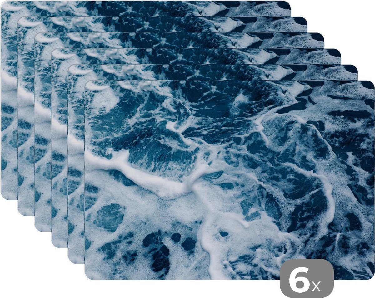 Placemat - Placemats kunststof - Golven - Water - Oceaan - Schuim - 45x30 cm - 6 stuks - Hittebestendig - Anti-Slip - Onderlegger - Afneembaar