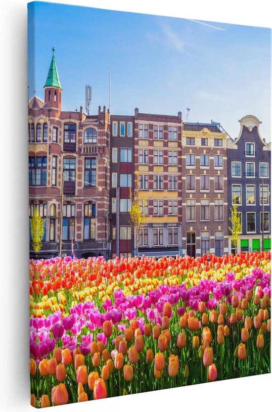 Artaza Canvas Schilderij Amsterdamse Huisjes Met Tulpen - Kleur - 80x100 - Groot - Foto Op Canvas - Canvas Print