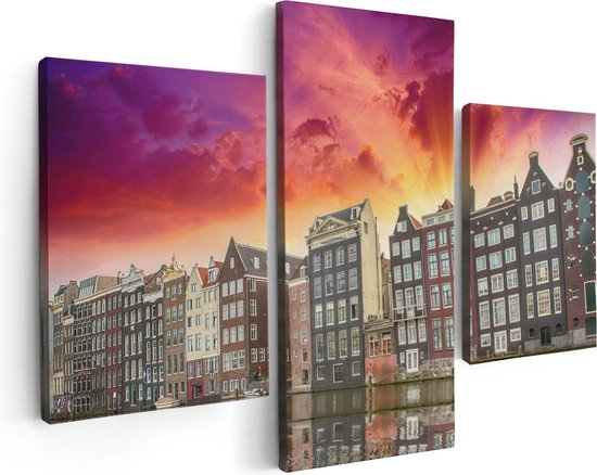 Artaza Canvas Schilderij Drieluik Amsterdamse Huisjes Bij Het Kanaal - Kleur - 90x60 - Foto Op Canvas - Canvas Print