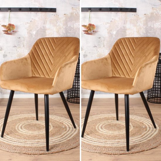DS4U® eetkamerstoel Gaby - stoel - armstoel - industrieel - velvet - velours - fluweel - goud - zwart metaal - met armleuning - set van 2