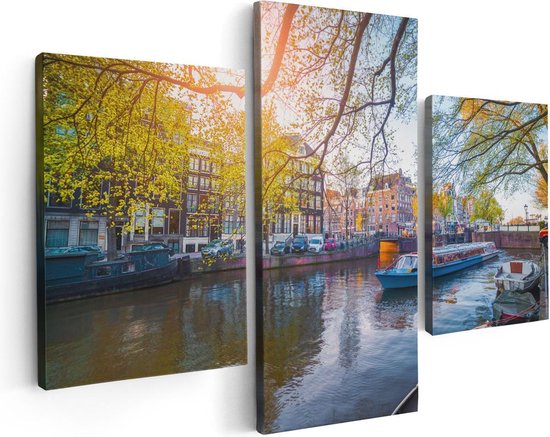 Artaza Canvas Schilderij Drieluik Amsterdamse Gracht Tijdens Het Voorjaar - 90x60 - Foto Op Canvas - Canvas Print