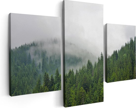 Artaza Canvas Schilderij Drieluik Groen Bos Met Bomen Tijdens De Mist - 90x60 - Foto Op Canvas - Canvas Print