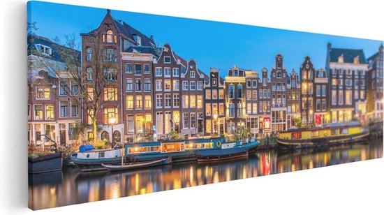 Artaza Canvas Schilderij Amsterdamse Huisjes In De Avond Met Lichten - 120x40 - Groot - Foto Op Canvas - Canvas Print