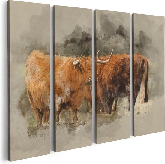 Artaza Canvas Schilderij Vierluik Twee Schotse Hooglander Koeien - Abstract - 80x60 - Foto Op Canvas - Canvas Print