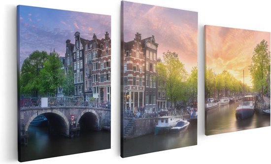 Artaza - Triptyque de peinture sur toile - Canaux d'Amsterdam - 120x60 - Photo sur toile - Impression sur toile