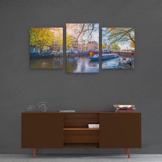 Artaza Toile Peinture Triptyque Amsterdam Canal Au Printemps - 120x60 - Photo Sur Toile - Impression Sur Toile