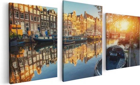 Artaza Canvas Schilderij Drieluik Amsterdamse Gracht Bij Zonsondergang - 120x60 - Foto Op Canvas - Canvas Print
