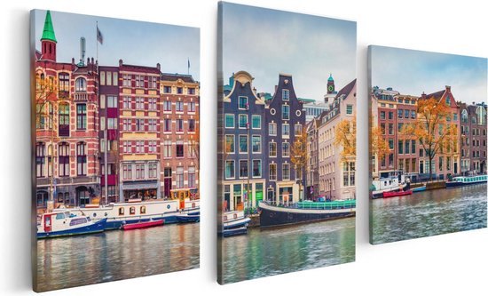 Artaza Canvas Schilderij Drieluik Amsterdamse Huisjes Vanaf De Gracht - 120x60 - Foto Op Canvas - Canvas Print