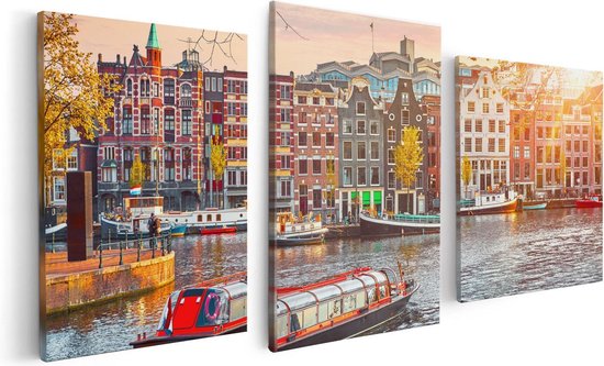 Artaza Canvas Schilderij Drieluik Amsterdamse Huisjes Vanaf De Grachten - 120x60 - Foto Op Canvas - Canvas Print
