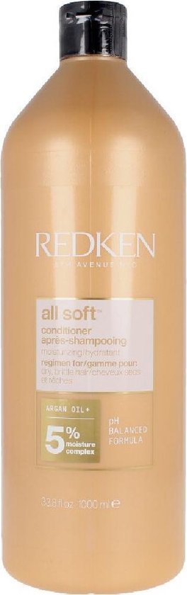 Redken All Soft conditionneur, 1000 ml. Bouteille beige avec bouchon noir. Contient de l'huile d'argan et 5% de complexe hydratant.