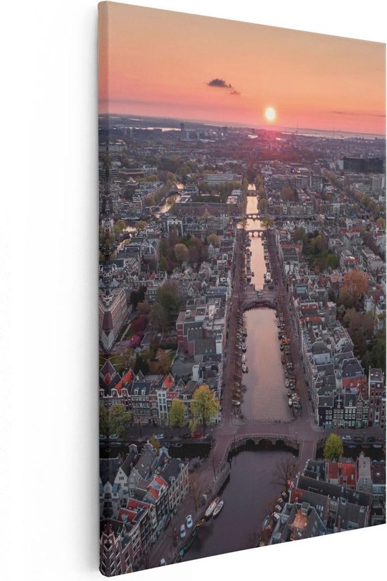 Artaza - Peinture sur toile - Vue de dessus Amsterdam avec coucher de soleil - 80x120 - Groot - Photo sur toile - Impression sur toile