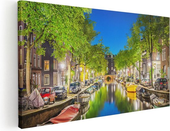 Artaza Canvas Schilderij Amsterdamse Gracht In De Nacht - 120x60 - Groot - Foto Op Canvas - Canvas Print