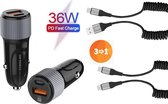 Autolader USB-A & USB-C met 2x USB-C Oplaadkabel - Snellader -Krulsnoer - Uitrekbaar- Auto Lader - Sigarettenaansteker Oplader - Geschikt voor Motorola E7 Plus / Edge 20 / Edge 20 Lite / E6 P