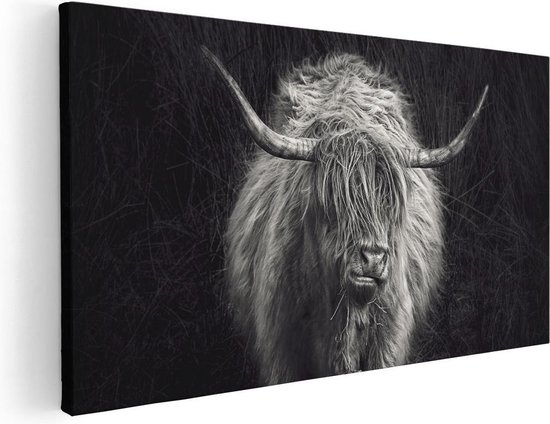 Artaza Canvas Schilderij Schotse Hooglander Koe - Zwart Wit - 100x50 - Groot - Foto Op Canvas - Canvas Print