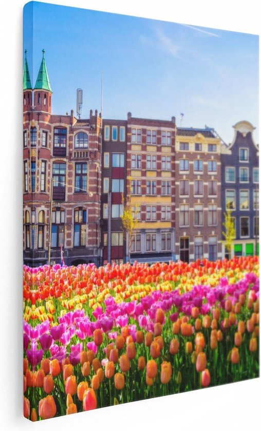 Artaza Canvas Schilderij Amsterdamse Huisjes Met Tulpen - Kleur - 30x40 - Klein - Foto Op Canvas - Canvas Print