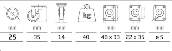 Technische tekening met afmetingen voor een zwenkwiel: wiel diameter 25mm, hoogte 35mm, dikte 14mm, belastbaarheid 40kg, montageplaat 48x33mm en 22x35mm, schroefgat Ø 5mm.