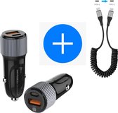 Autolader USB-A & USB-C met USB-C Oplaadkabel - Snellader -Krulsnoer - Uitrekbaar- Auto Lader - Sigarettenaansteker Oplader - Universeel Geschikt