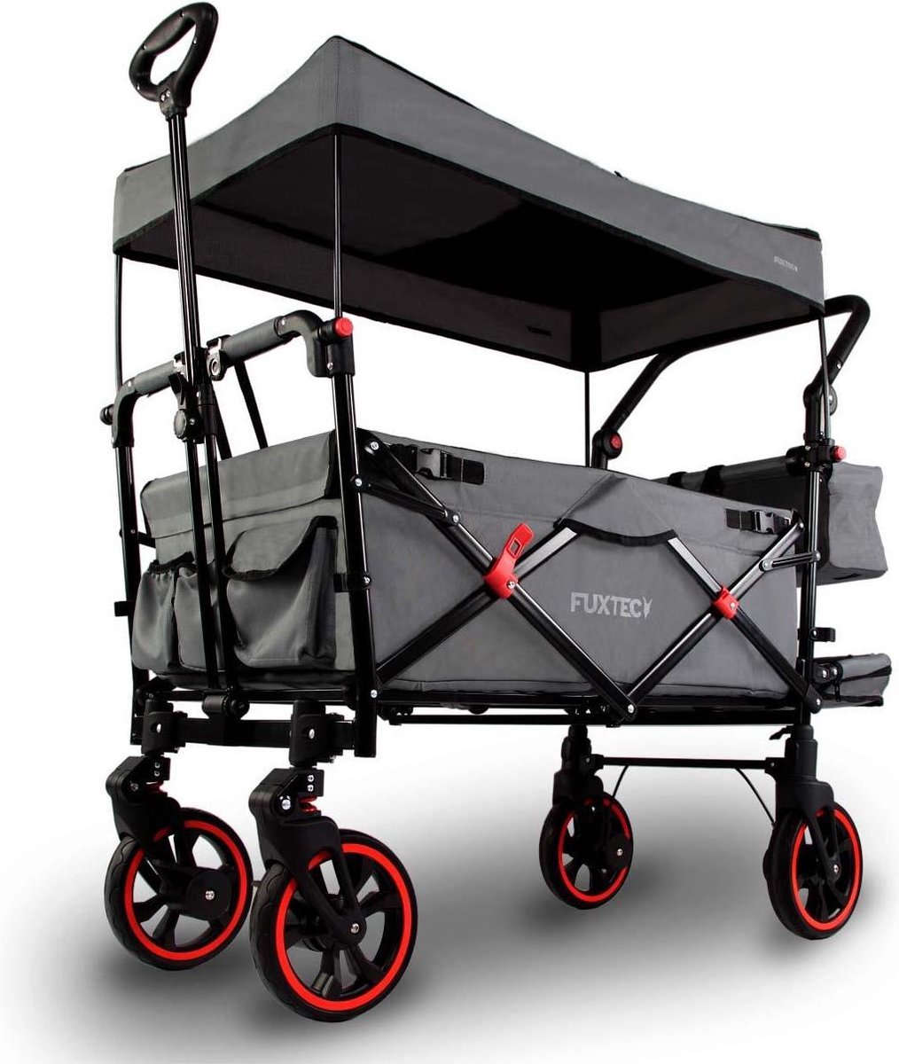 Bol.com FUXLIFE CT850 Bolderkar Kinderwagen - Opvouwbaar - Grijs | Comfortabel & Veilig - Met Zonnedak & Handkar - Max. 75kg aanbieding