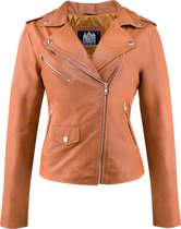 Urban 5884® - Amy - Perfecto Dames Jas – Schuine  Rits - Cognac Bruin - Lams Leer - Maat M