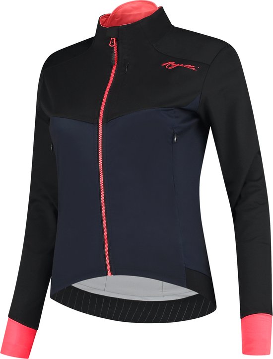 Zwart damesfietsjack met blauw borstpaneel, oranje rits en manchetten.