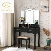 Luxury Buy® elegante kaptafel- makeup tafel- led verlichting-met inklapbare spiegel- 5 laden- met comfort kruk- zwart