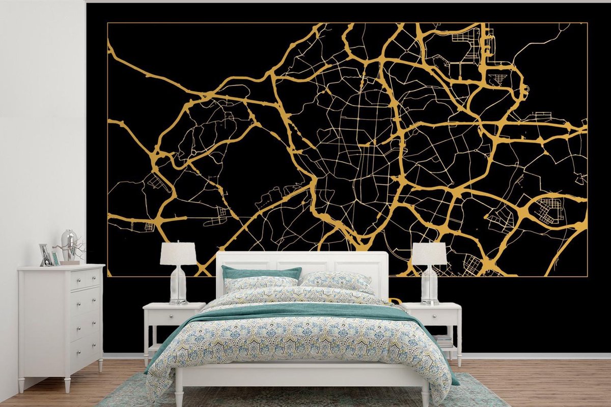 Behang - Fotobehang Kaart - Madrid - Goud - Zwart - Breedte 390 cm x hoogte 260 cm