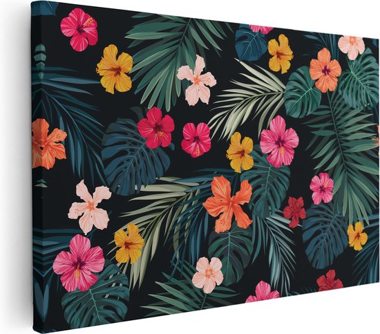 Artaza Canvas Schilderij Getekende Tropische Bloemen - Abstract - 90x60 - Foto Op Canvas - Canvas Print - Muurdecoratie