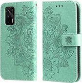 Voor OPPO Realme GT 5G 7-bloemblaadje Bloemen Embossing Patroon Horizontale Flip PU Lederen Case met Houder & Kaartsleuven & Portemonnee & Fotolijst (Groen)