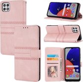 Voor Samsung Galaxy A22 5G Reliëf Gestreepte Magnetische Gesp PU + TPU Horizontale Flip Lederen Case met Houder & Kaartsleuf & Portemonnee & Fotolijst & Sling (Roze)