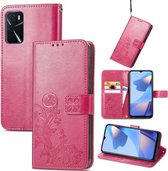 Voor OPPO A16 Vier-blad Sluiting Reliëf Gesp Mobiele Telefoon Bescherming Lederen Case met Lanyard & Card Slot & Portemonnee & Beugel Functie (Magenta)