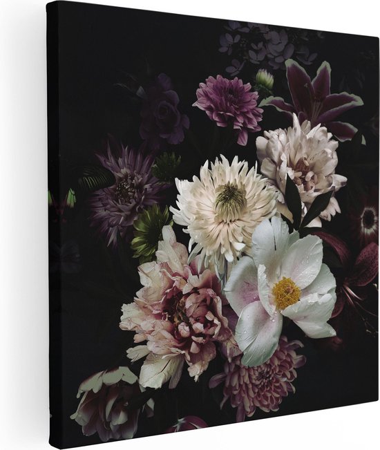 Artaza Canvas Schilderij Diverse Bloemen Op Zwart Achtergrond - 30x30 - Klein - Foto Op Canvas - Canvas Print