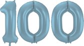 De Ballonnenkoning - Folieballon Cijfer 100 Blauw Pastel Metallic Mat - 86 cm