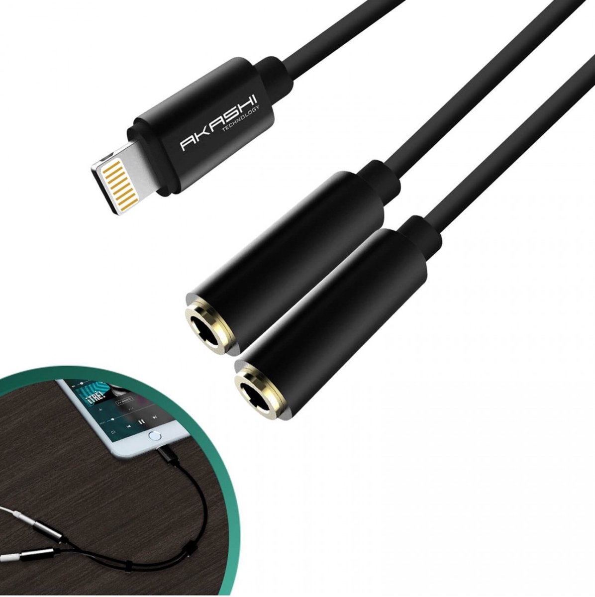 Audio Lightning Adapter naar 2x Jack 3,5 mm Compact Akashi Zwart