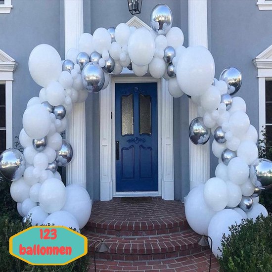 Baloba® BallonnenBoog Zilver Wit - Feest Versiering met Papieren Confetti Ballonnen - Verjaardag Bruiloft Versiering - 125 Helium Ballonnen